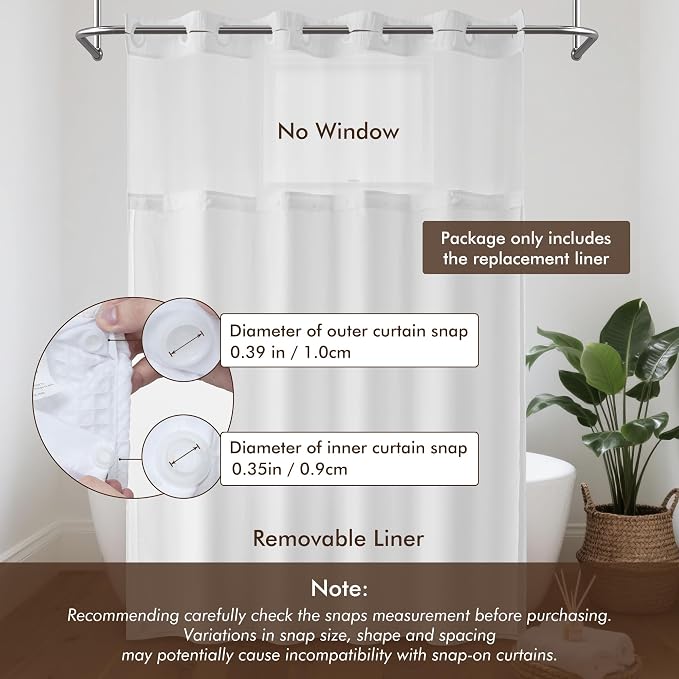 Barossa Design 70x60 Long Snap-in Shower Curtain Replacement Liner White | for No Hook Shower Curtain, Water Repellent, Machine Washable, Corner Magnets, Snap on/off Removable, 70" W x 60" H