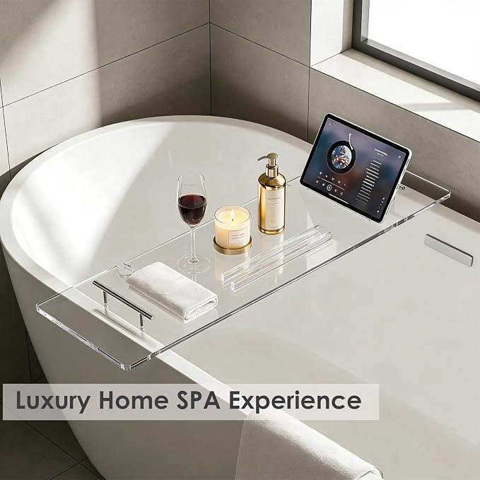 Bathtub Tray, Bath Tray for Tub, Acrylic Bath Caddy Tray for Bathtub, for Tub Luxury Spa with Tablet Slots and Wine Glass Hole, Bathroom Accessories for Decorative Bathtubs (39.4 * 9.45in)