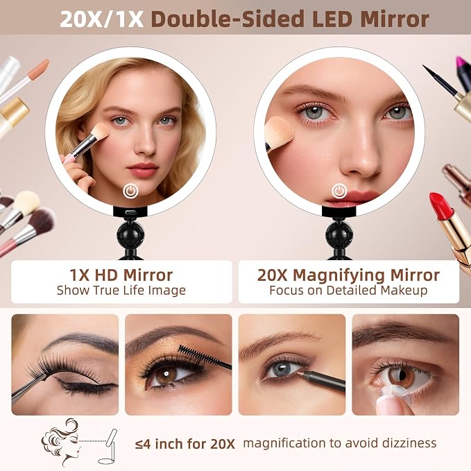 20X/1X Makeup Magnifying Mirror with Lights, 6inch Double-Sided LED Mirror | 1X/20X Makeup Magnified Mirror, Desktop 20X Magnification Rechargeable 3 Color Dimmable Light, 360° Adjustable Rotation Angle