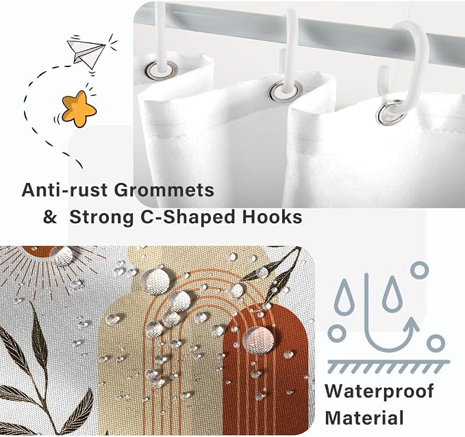 Boho Moon Stall Shower Curtain with Hooks 36x72 Inch | Waterproof Small Narrow Terracotta and Beige Bathroom Curtain for Shower Stall, Machine Washable