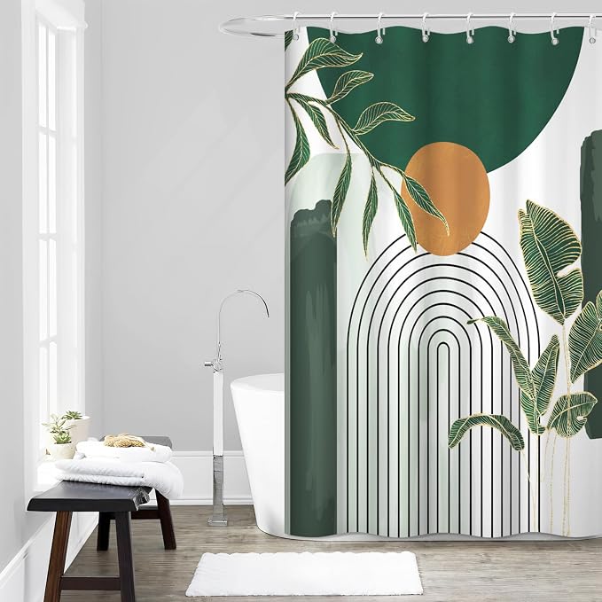 Abstract Boho Green Shower Curtain for Bathroom 60x72 Inch | Waterproof Emerald-green Leaves Shower Curtain Set with Hooks, Mid Century Bathroom Decor