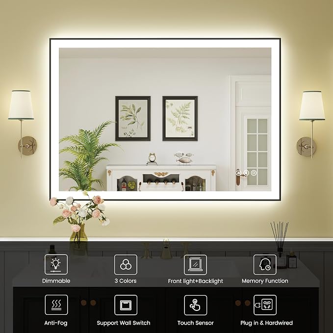 WTTY 40"x30" LED Bathroom Mirror with Black Frame | Aluminum Alloy Framed, Anti-Fog, Dimmable, 3 Color Temperature, Memory Function, Tempered Glass, Lighted Vanity Wall Mirror