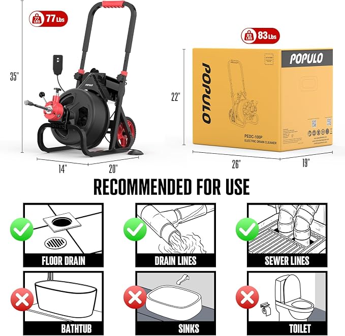 POPULO Drain Cleaner Machine 100Ft x 3/8 Inch, Root Killer, Auto feed Sewer Snake Auger on Wheels, Electric Drain Auger Professional for 1.5 to 3 Inch Pipes & Foot Switch with 8 Cutters