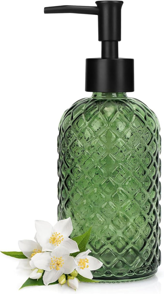 Topsky Gem Glass Soap Dispenser with Black Plastic Pump, 13oz Liquid Hand Soap Dispenser, Rustproof Pump for Kitchen & Bathroom, Great for Lotions, Essential Oil, Liquid Soaps-Army Green