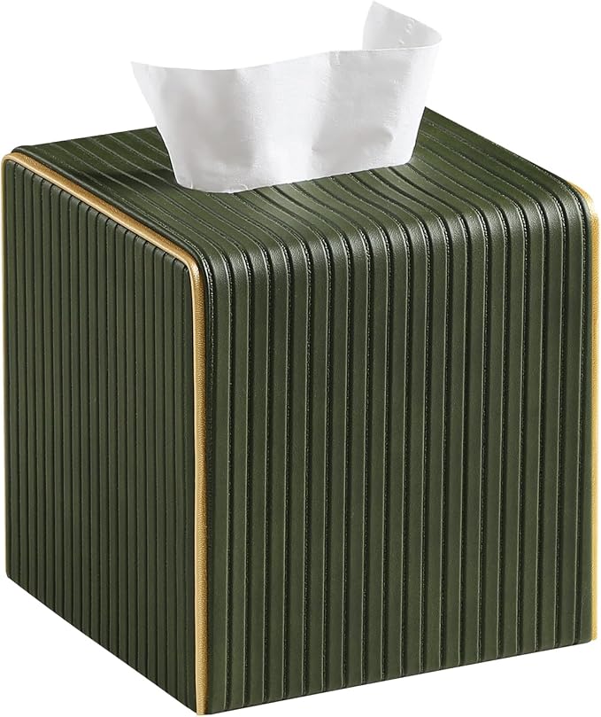 Square PU Leather Tissue Box Cover with Magnetic Closure, Decorative Tissue Holder & Storage Container for Bedroom, Living Room, Dining Room, Bathroom, Countertop, Desk (Square Green)