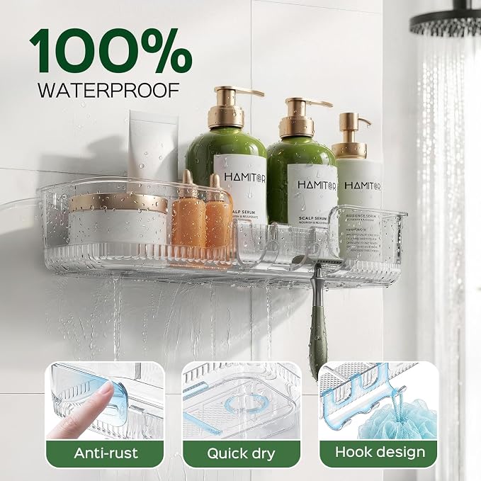 HAMITOR 5 Pack Adhesive Shower Caddy, Clear Transparent Shower Organizer | Modern Clear Design, Waterproof Adhesive Setup, Quick Drainage Shelves, Perfect for Homeowner, Apartments & Stylish Bathrooms
