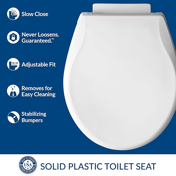 Mayfair Preston Easy to Clean Single Hinge Toilet Seat, Modern Slow Close Plastic Toilet Seat, Made in USA, Round, White