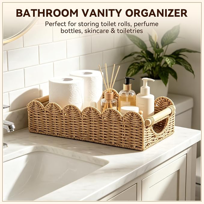Upgraded Bathroom Basket Organizer w/Cut Out Handle, Back of Toilet Paper Storage Baskets Tray for Bathroom Countertop Decorative, Scalloped Wicker Basket Also for Home Decor, Living Room (Black)
