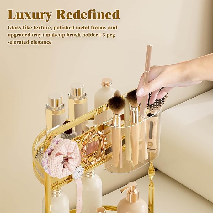 360° Rotating Makeup Organizer for Vanity, Gold Bathroom Organizer | 2-Tier Perfume Organizer with Makeup Brush Holder & Jewelry Hooks,Spinning Counter Shelf Storage for Perfume Skincare Dresser