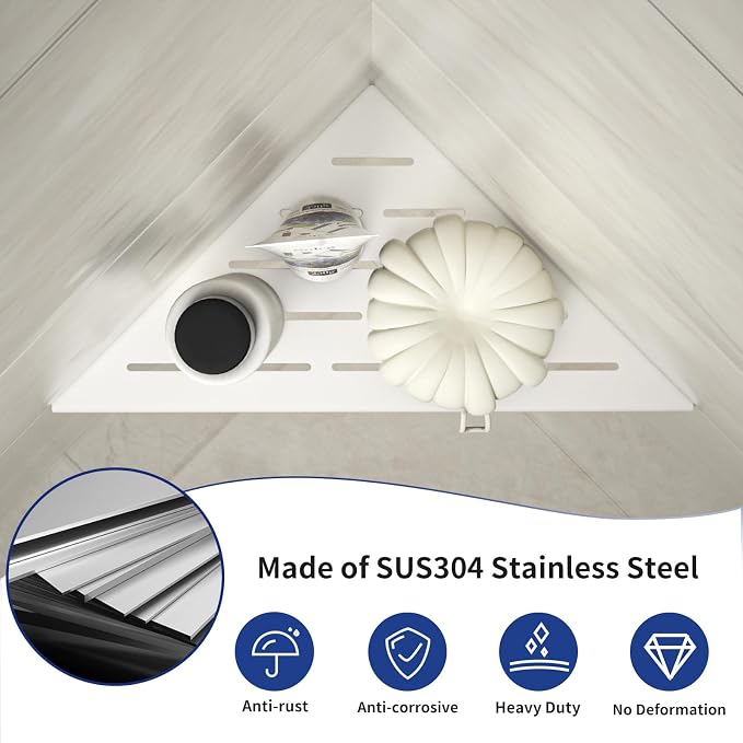 Corner Shower Shelf 10", White | 304 Stainless Steel Bathroom Shelf for Tiled Wall, Grout in Shelves, 2 Pack