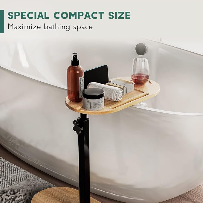 Bamboo Bath tub Tray Table with Adjustable Height | Freestanding Bathtub Tray Bath Caddy Tray against Wall, Bathtub Side Table for Luxury Bath Patent Protected (Natural)
