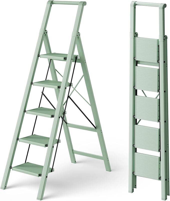 HillhutApex Aluminum 5 Step Ladder, Step Stool Foldable Ladder(Pale Green) | Stepladder with Handgrip,Anti-Slip Pedals,330lbs Capacity,Lightweight Portable Folding Ladder for Home,Office,Libaray