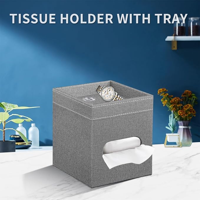 Square Tissue Box Cover with Storage Tray,Modern Decorative Tissue Holder | PU Leather Side Open Napkin Caddy,Facial Paper Dispenser for Bathroom Vanity,Night Stands,Desk,Stylish Home & Office Décor