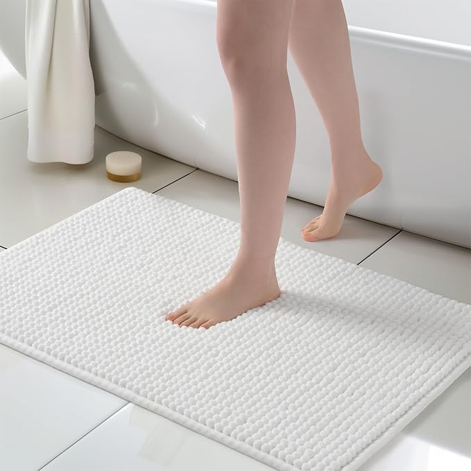 FRESHMINT Thick Chunky Chenille Bathroom Rug, Bright White, 24"x36" | Non-Slip Backing, Water Absorbent Surface, Machine Washable Care, Cushioned Comfort, Bathroom Floor Use