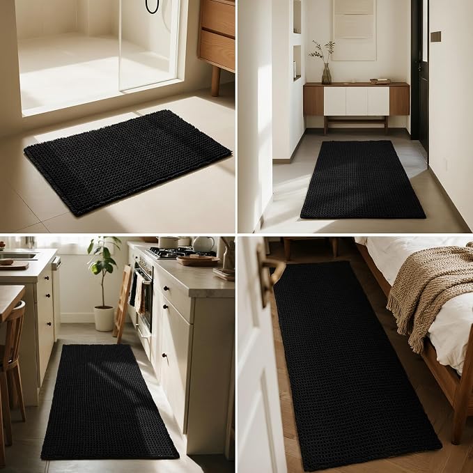 Triohero Black Waffle Bath Mat, Boho Bathroom Rugs Non Slip Washable, 20x30 | Super Absorbent Quick Dry Bath Rug, Non-Slip Backing, Soft Waffle Washable Farmhouse Bathroom Mats, Tub, Shower & Home Decor