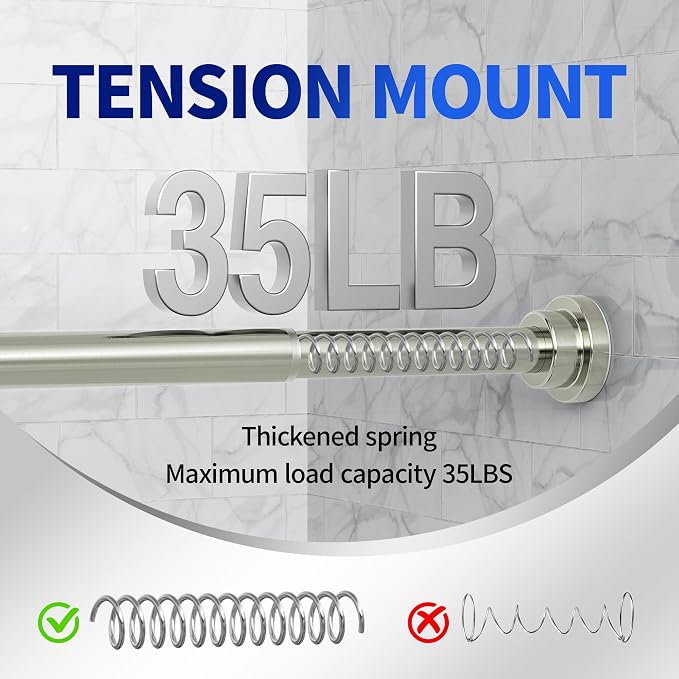 Mcrbeay Shower Curtain Rod, 1" Diameter Heavy Duty Tension Shower Rod, Non Slip Adjustable 28-46 inch No Drilling Shower Curtain Rods Spring Tension For Bathroom, Shower Stall, No Rust, Nickel