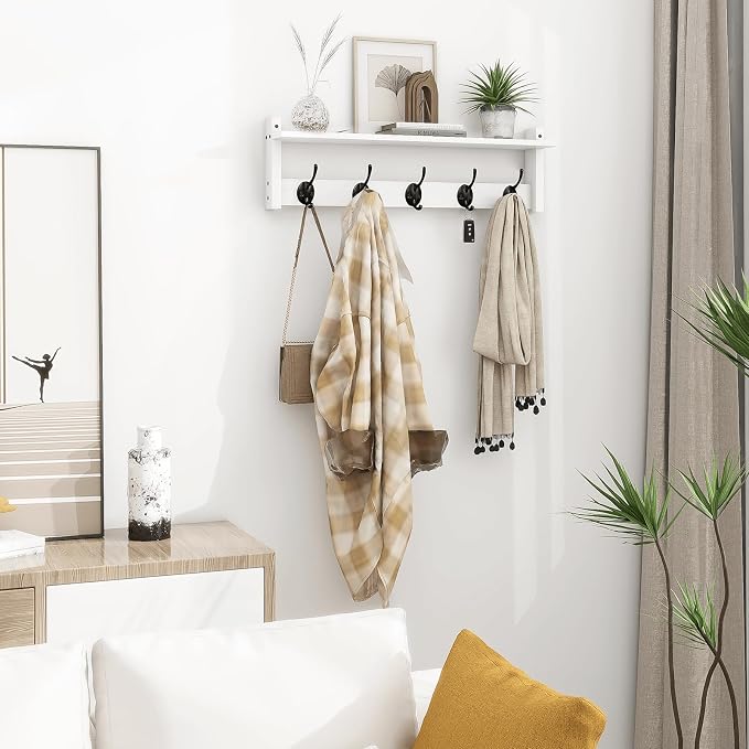 Coat Rack with Shelf Wall Mount, 24 Inch Long Wall Shelf with Hooks Underneath, Wood Hanging Coat Hanger with Hat Shelves for Entryway, Bathroom, Mudroom, White
