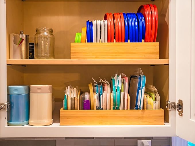 Extra Large Bamboo Food Container Lid Organizer for Kitchen Cabinet | Adjustable Slots - Tall Dividers for Large Lids - Premium Bamboo, Pretty Color - Versatile Caddy in Drawer - Anti-Skid Pads