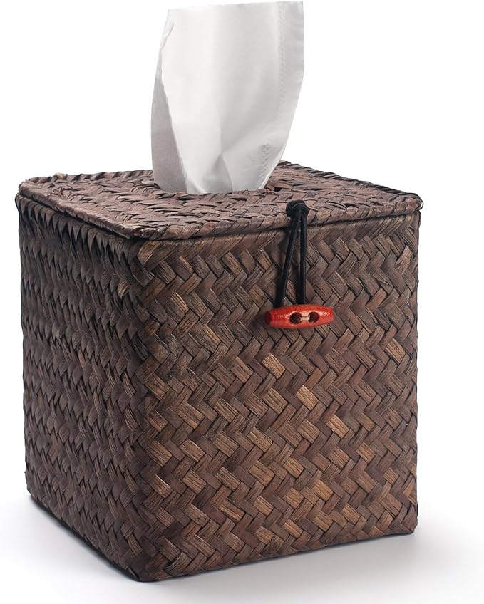 Seagrass Square Tissue Box Cover Woven Napkin Holder Decorative for Bathroom Farmhouse (Coffee, 5.5 x 5.5 x 5.5 Inch)