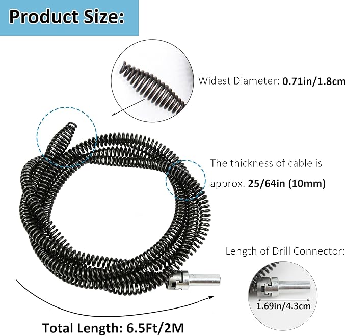 10mm Heavy-Duty Drain Auger Snake Cable with Drill Adapter - 6.5Ft/2M Flexible & Reusable Plumbing Clog Remover for Kitchen, Bathroom, Toilet, Shower Sink & Pipe