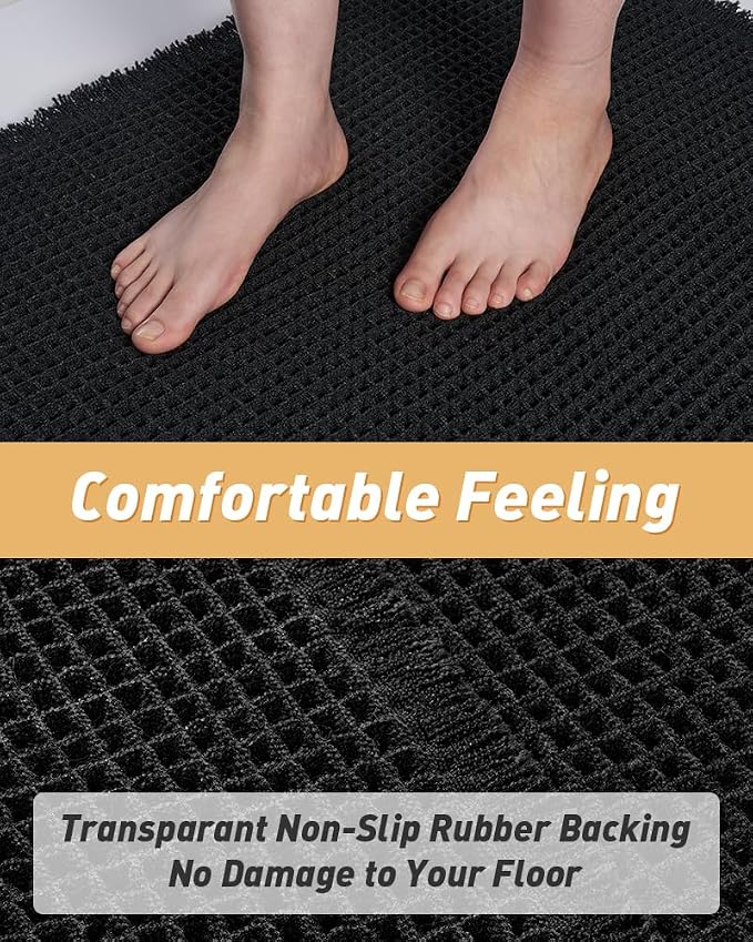 Upgraded Waffle Bath Mat Set of 2 Super Absorbent Non Slip Bath Mats for Bathroom Floor, Washable Boho Bathroom Rugs Set 2 Pieces with Tassels, Soft Bathroom Mat Set, Black, 17" x 24" Plus 20" x 32"