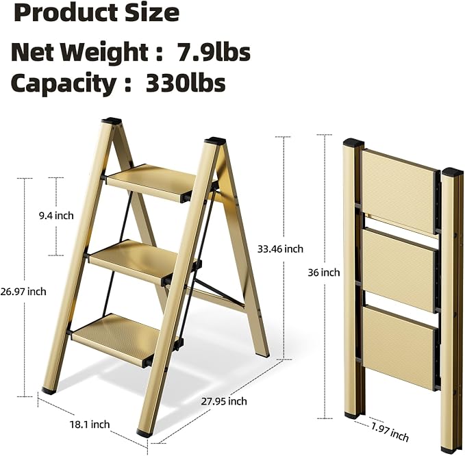 HillhutApex Aluminum Step Stool Foldable,3 Step Ladder (Gold) | Lightweight Portable step ladder with Anti-Slip Wide Pedal,330lbs Capacity Ladder for Household,Office,Kitchen