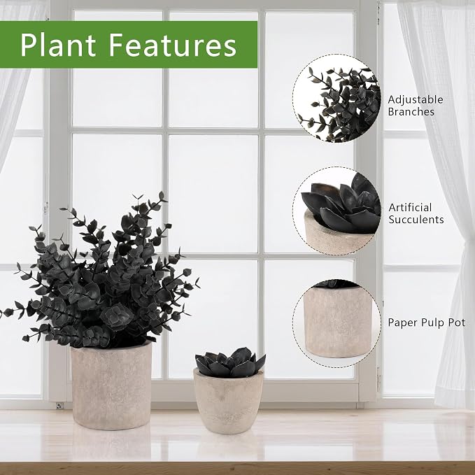 ALAGIRLS 4 Packs Fake Plants Small Artificial Plants Indoor Black Eucalyptus Rosemary Succulents Plants Potted Faux Plants for Home Indoor Office Bathroom Living Room Decor