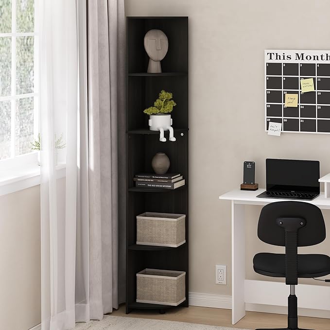 Furinno ECON Corner Shelf, 5-Tier Corner Book Shelf, Storage Shelves, Display Rack, Bookshelf, for Organization and Storage, Living Room, Home Office, Espresso