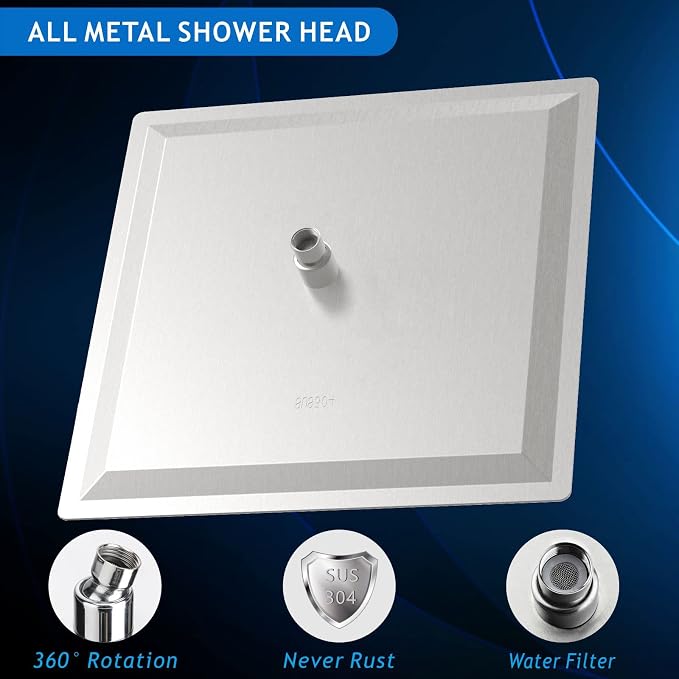 Voolan Oversize Rain Shower Head - High Flow Square Rainfall Showerhead - Waterfall Full Body Coverage - Universal Ceiling or Wall Mount (16 Inch, Brushed Nickel)