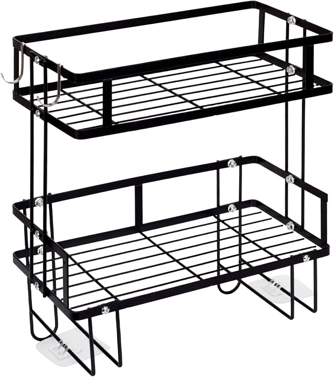 PowerKing Over The Toilet Storage Shelf, 2-Tier Bathroom Organizer, Black | No Drill Installation, Rust Resistant Steel, 2 Hanging Hooks, Toilet Paper Holder, Restroom & Bathroom Space Saver
