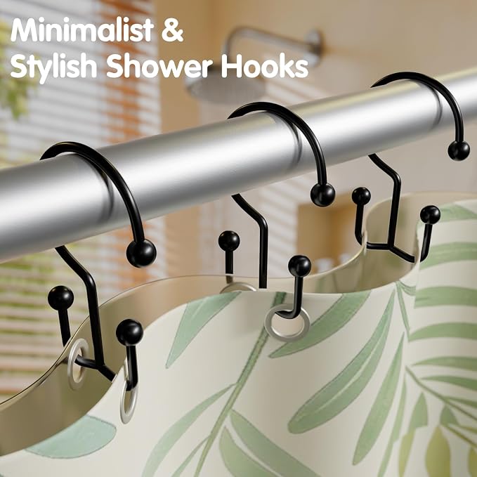 OEH 24 Pcs Shower Curtain Hooks, Metal Shower Curtain Rings, Black Shower Curtain Hooks Rust Proof, Double Shower Rings for Curtain, Easy Install Anti-Drop Shower Hooks for Shower Curtain, Black
