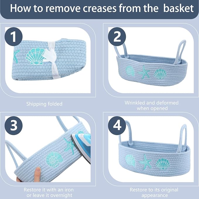 Vesici Ocean Woven Toilet Paper Basket Coastal Cotton Rope Bathroom Decor | Countertop Organizer with Starfish Seashell, Blue Bathroom Storage Decor, Toilet Closet Nursery Organizing, 13 x 6 x 4 Inch