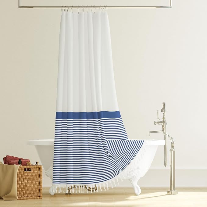 Extra Long Shower Curtains, 84 Inch Long Farmhouse Boho Striped Fabric Tassel Shower Curtain for Bathroom, Tall Bohemian Textured Cloth Shower Curtain Set with Hook, Navy Blue, 72x84