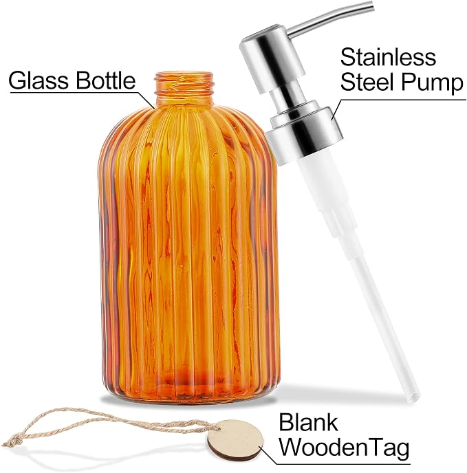 MOCLIF 16 OZ Soap Dispenser，Tempered Glass Clear Vertical Stripe with 304 Rust Proof Stainless Steel Pump Refillable Liquid Hand Soap Dispenser，for Bathroom, Kitchen, Dish Soap，Lotion (Orange)