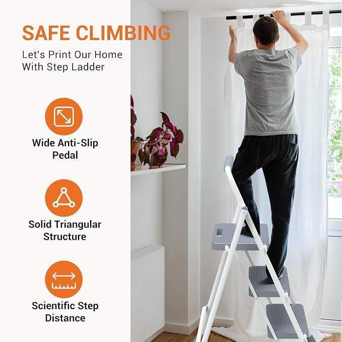 Sweetcrispy 3 Step Ladder, 800lbs Heavy-Duty Sturdy Folding Step Stool | Lightweight Portable Stepping Stool with Wide Anti-Slip Pedal, Cushioned Handle, for Home Kitchen and Outdoor, Grey