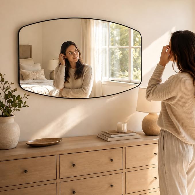 Matte Black Curved Rectangle Bathroom Mirror, 24x36 Inch | Aluminum alloy frame, tempered glass, two-way keyhole mount, for bedroom, entryway, hallway