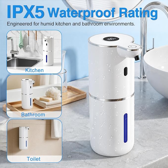Fachixy Automatic Liquid Soap Dispenser Touchless, Smart Digital Display | 12.8oz/380mL, Up to 90 Days Battery Life, 6 Adjustable Level, Rechargeable, Wall Mountable IPX5 for Kitchen & Bathroom, White
