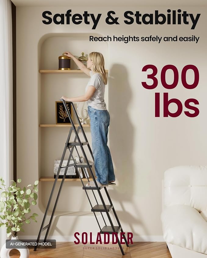 5 Step Ladder, Folding Step Stool, Lightweight Stepladder, Black | Reach 10ft;Anti-Slip 7.9'' Wide Pedal;Portable Handrail;Space-Saving;For Kitchen, Home, Library, Office Use;300lbs Capacity