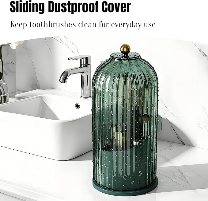 JEESA Dustproof Toothbrush Holder with Cover, All Green | 360° Rotating, 180° Sliding Lid, 3 Slots, Toothbrush Organizer, for Bathroom Countertop