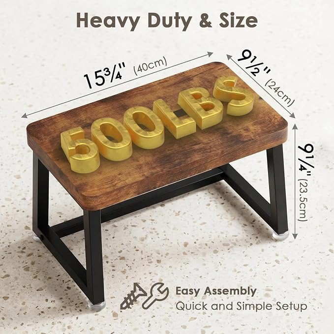 Wooden Step Stool for Adults Small Bed Step Stool with 500LB, Brown | Small Step Stool, Heavy Duty, Non Slip, Anti Tipping, Adjustable Feet, Foot Stool for Kitchen Bedroom Bathroom Living Room