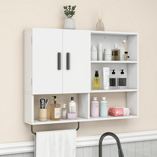 Bathroom Wall Cabinet, Medicine Cabinet with Towel Bar & 2 Doors, White