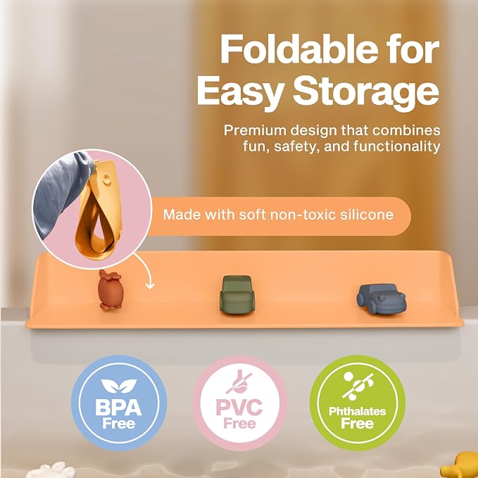 Original PlayPad, Bathtub Splash Guard Play Shelf - Toy Tray Caddy Holder Storage - Suction Cups Attach to Bath Tub - No Mess Water Spill in Bathroom for Toddlers Kids Baby (Orange)