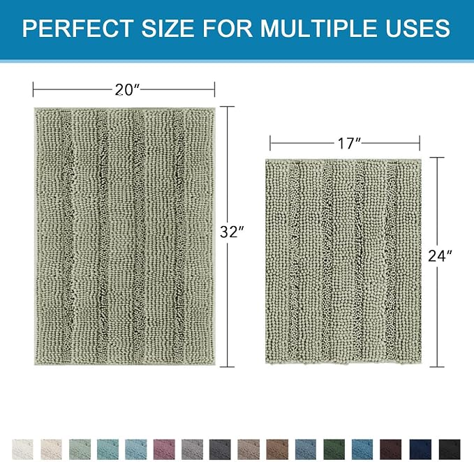 H.VERSAILTEX Bathroom Rug Sets 2 Piece Bath Mats Non Slip Thick Soft Chenille Striped Bath Rug achine Washable Shower Floor Rugs for Tub, Shower and Floor (Eucalyptus Green, 20" x 32"/17" x 24")