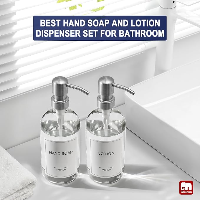 GMISUN Glass Soap Dispenser with Pump, 2 Pack Clear Bathroom Hand Soap Dispenser with Stainless Steel Pump, 17 Fl Oz Refillable Kitchen Hand and Dish Soap Dispensers Set, Modern Liquid Pump Bottles