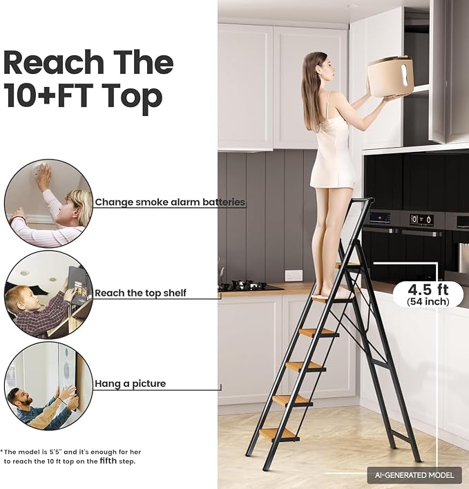 6 Step Ladder, Lightweight Folding Step Stool, Black+Wood Grain | Reach 12ft;Anti-Slip 7.9'' Wide Pedal;Portable Handrail;Space-Saving;For Kitchen, Home, Library, Office Use;300lbs Capacity