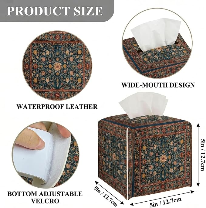 Tissue Box Cover Holder Square - Vintage Boho PU Leather Decorative Organizer, Ethnic Carpet Pattern Design Inspired, with Bottom Belt for Bathroom Car Office Tabletop Home, 5x5 Inch (Blue&Red)