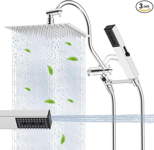 Hibbent All Metal cUPC Certified Shower Head, 12'' High Pressure Rainfall Shower Head, Showerhead Combo, Handheld Shower Wand, 12'' Adjustable Extension Arm, 4-Spray, 71'' Hose, Shower Holder, Chrome