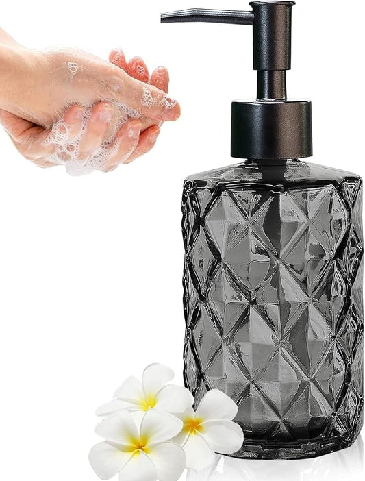 Glass Soap Dispenser with Plastic Pump, 330ml/11oz. Liquid Hand Soap Dispenser for Bathroom and Kitchen, Hand-Pump Dispenser for Dishwashing Liquid, Lotion, Soap, Shower Gel, Essential Oil (Black)