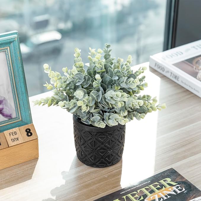 MyGift Black Artificial Eucalyptus Plant Gray Concrete Embossed Planter | Lifelike Leaves, Maintenance Free Accent, Contemporary Styling, Compact Décor, Natural Appearance, Easy Placement