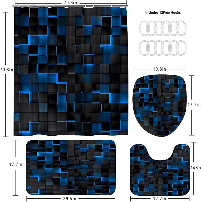 LQCOOL 4Pcs Shower Curtain Set with Rugs, Modern Bathroom Set Black Blue | Waterproof Polyester & Soft Flannel.12 Hooks,Toilet Lid Cover & U-Shaped Mat for Modern Bathrooms/Families